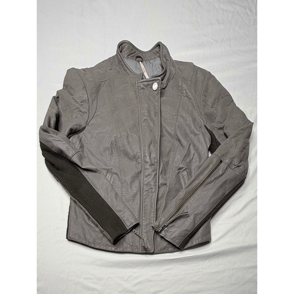 Free People Vegan Leather Moto Jacket Grey Ribbed Knit Panels Womens Size 10 T7 - Picture 1 of 7
